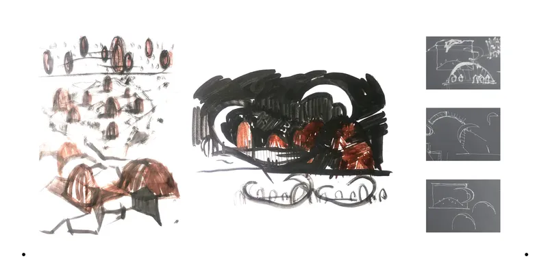Concept sketches explore the project’s early ideas of rhythm, landscape, and theatrical form.