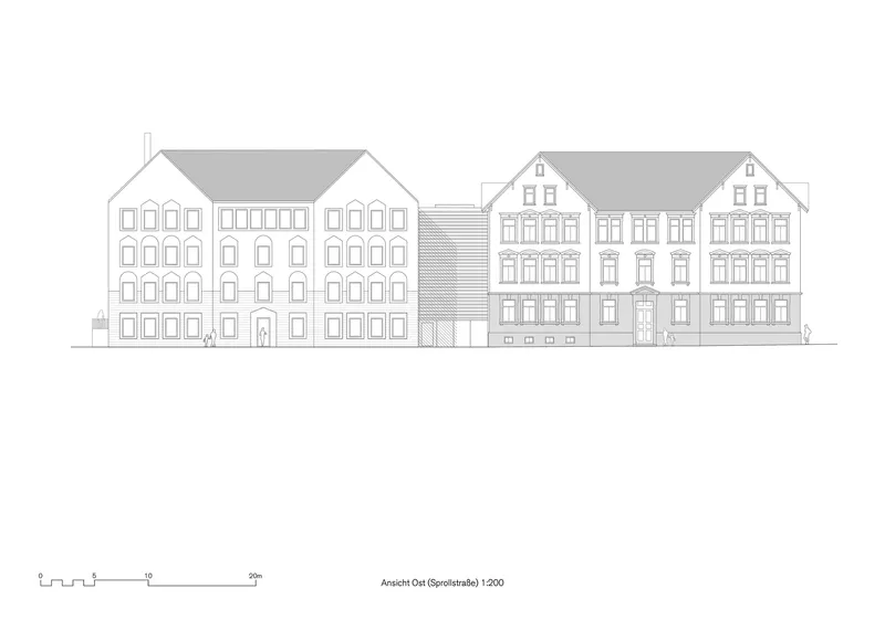 Street elevation drawing showing two gabled buildings connected by a low linking element with varied fenestration patterns
