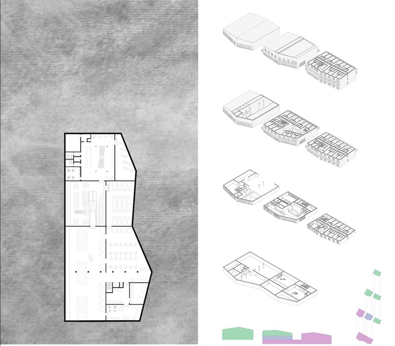 Exploded axonometric showing the winery’s spatial organization.