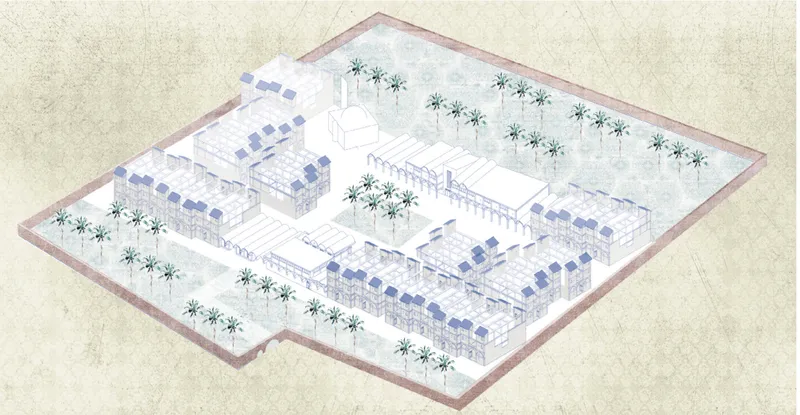 Axonometric master plan integrating housing, education, culture and agriculture.