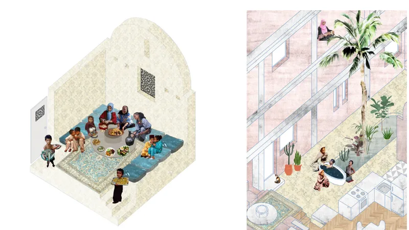 Shared salon and courtyard supporting family interaction and domestic routines.