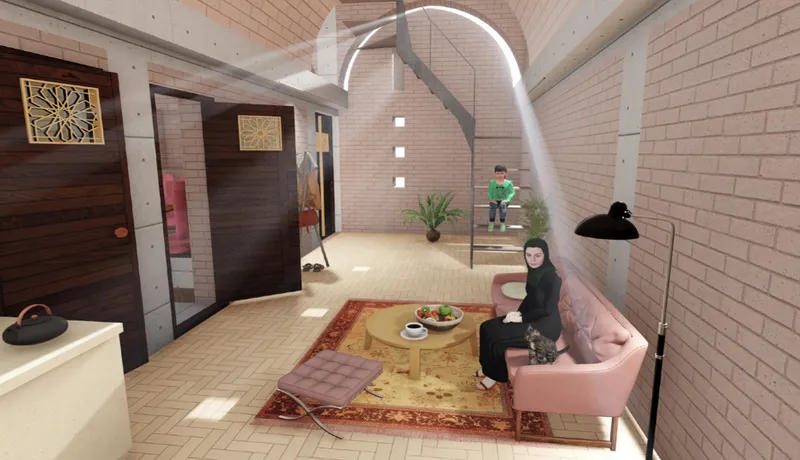 Open-plan living space beneath climate-responsive vaulted ceilings.