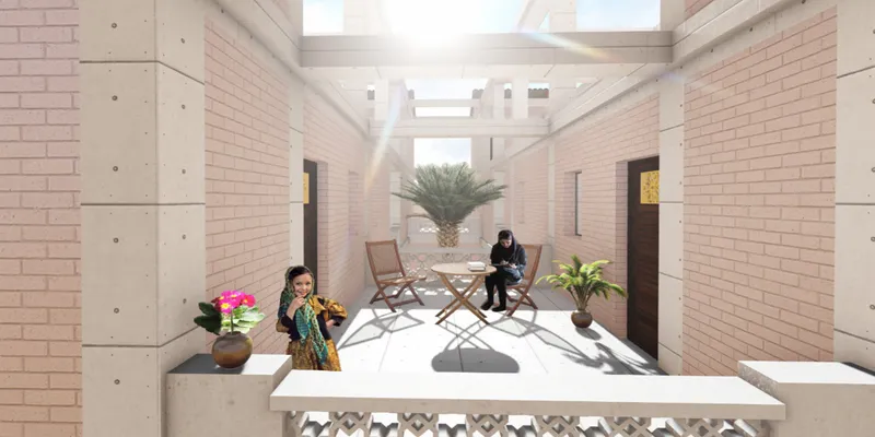 Sunlit terrace functioning as an informal shared outdoor room.