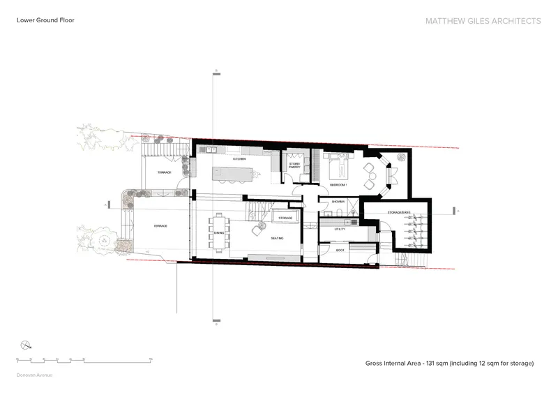 Lower ground floor plan drawing showing kitchen, dining, bedrooms and two exterior terrace spaces