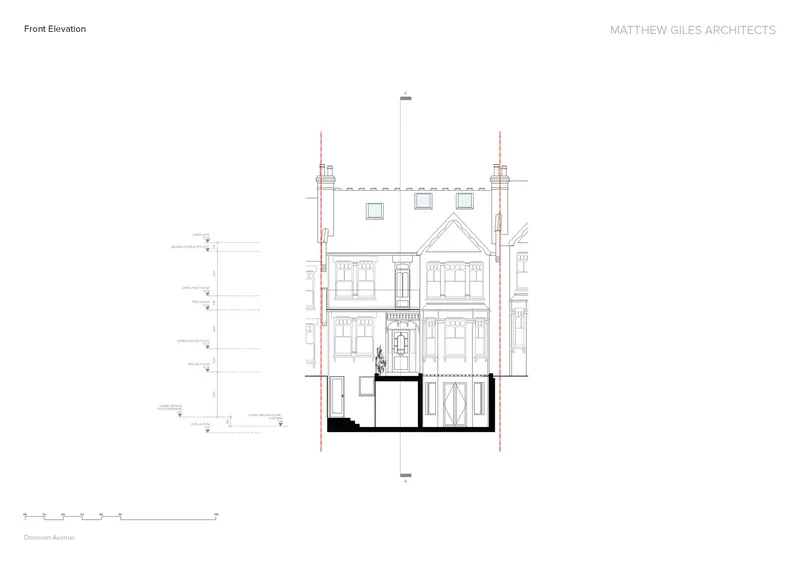 Front elevation drawing showing basement extension below retained Victorian terrace house facade