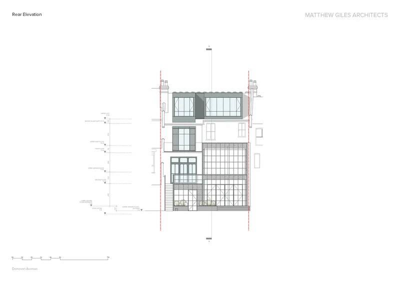 Rear elevation drawing showing glazed extension with grid fenestration and dormer level