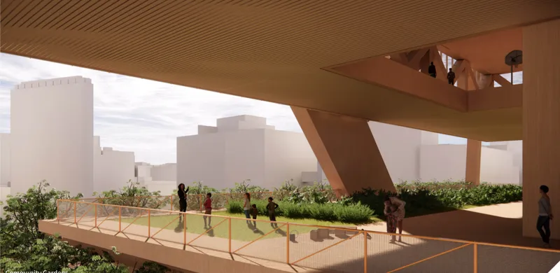 Community gardens create shared green spaces beneath the tower.