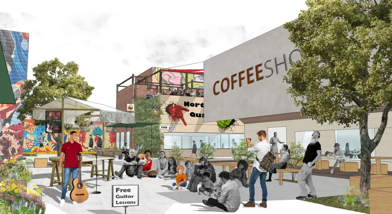Daytime activation of previously underused courtyard space, demonstrating the spatial impact of the proposed system.