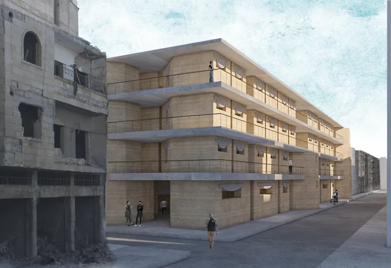 Reconstructed residential block rising beside the damaged urban fabric.