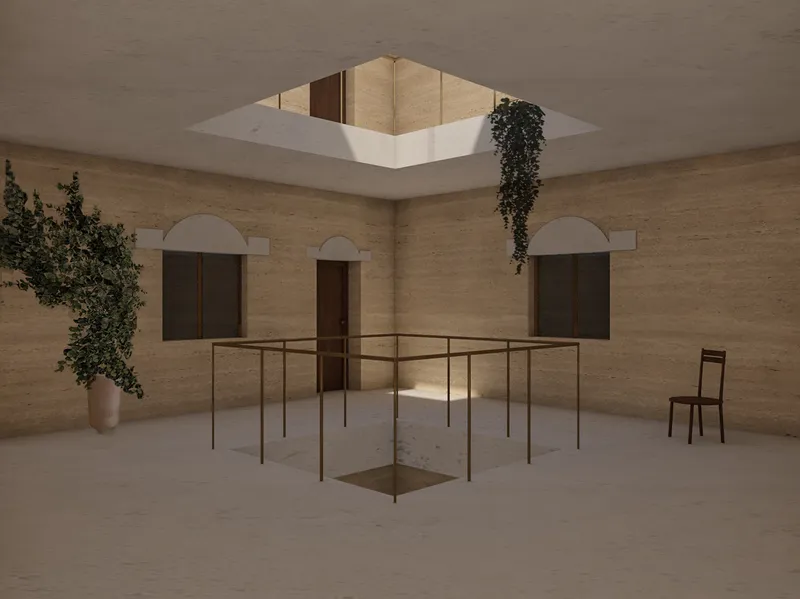 Quiet courtyard interior with skylight, greenery, and private thresholds.