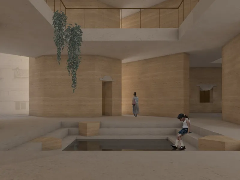 Communal patio shaped by earthen walls, light, and shaded gathering space.