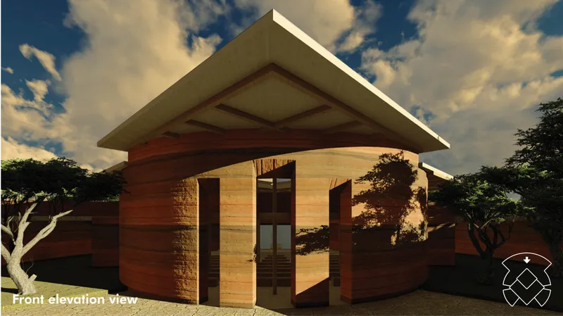 Rammed earth chapel facade framed by trees and a broad protective roof.
