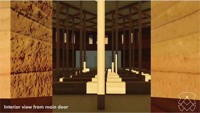 Main entrance reveals a warm wooden interior shaped by light and shadow.