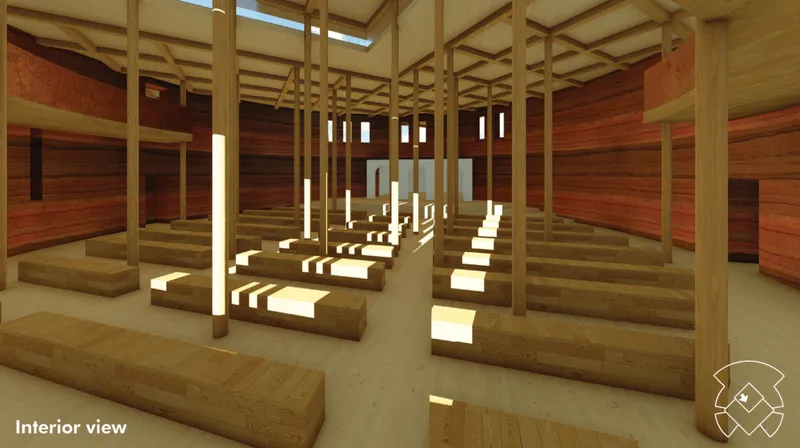 Timber columns and rammed earth walls create a calm prayer hall.