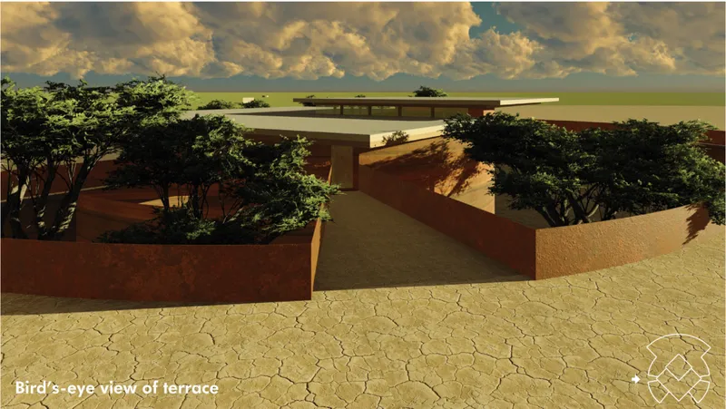 Bird’s-eye view of the terrace integrated with trees and earthen walls.