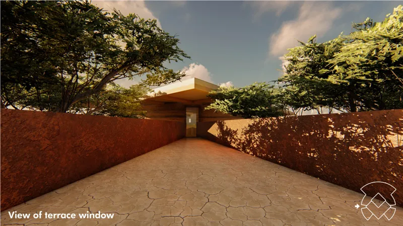 Terrace pathway leading toward the chapel through shaded landscape edges.