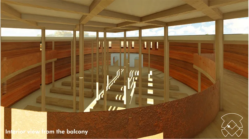 Balcony view overlooking the chapel’s circular worship space.