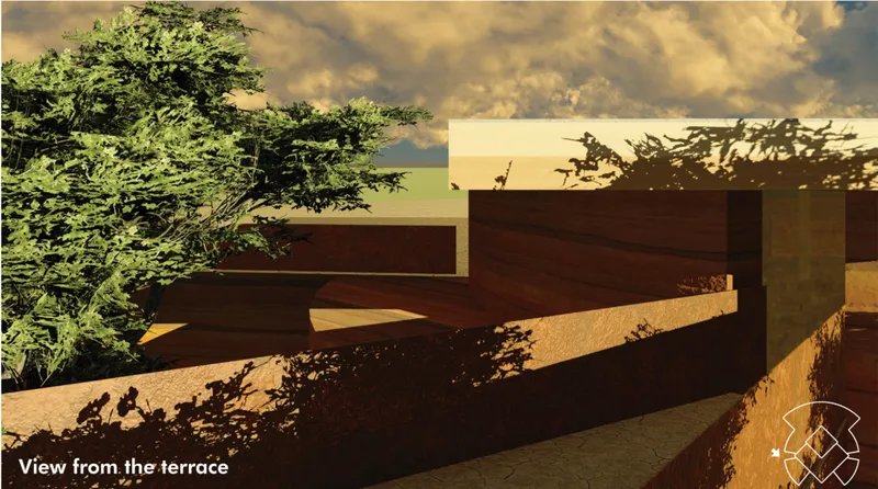 Earthen terrace walls and natural shadows strengthen the chapel’s grounded character.