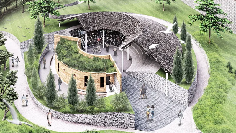 A shaded cultural pathway connects people, nature, and everyday community life.