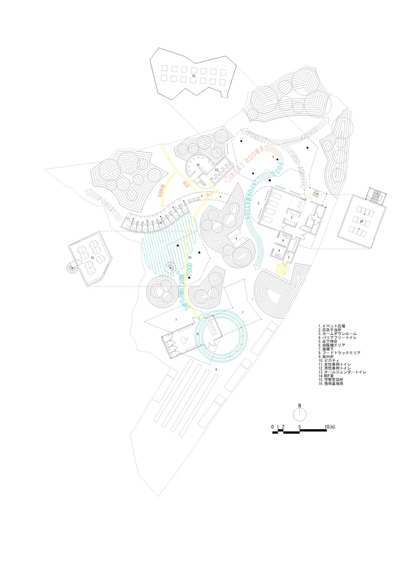 Site plan drawing showing buildings scattered across terraced topography with contour lines and planted areas