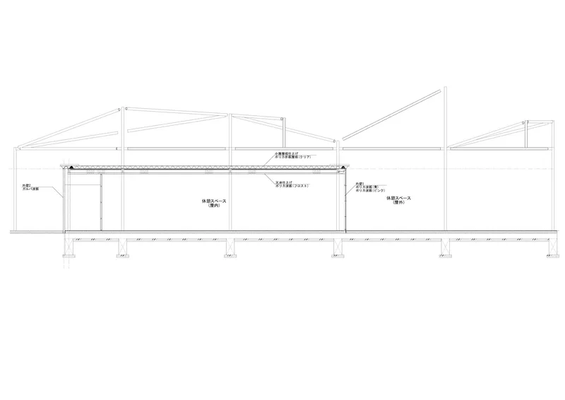 Section drawing revealing steel frame structure supporting angled rooflines of varying heights