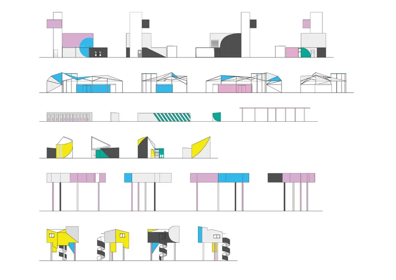 Elevation drawings showing multiple pavilion forms with color-coded panels in purple, cyan, yellow and green