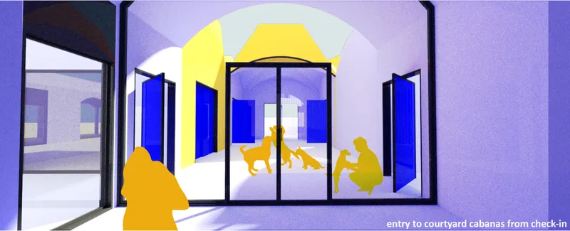 Courtyard cabanas encourage direct interaction between shelter dogs and potential adopters.