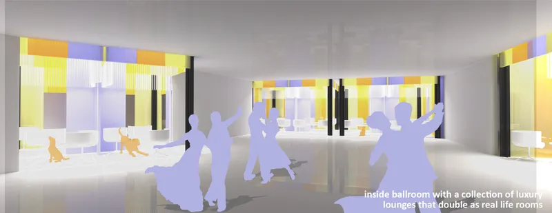 Luxury lounges within the ballroom double as real-life rooms for human-animal interaction.