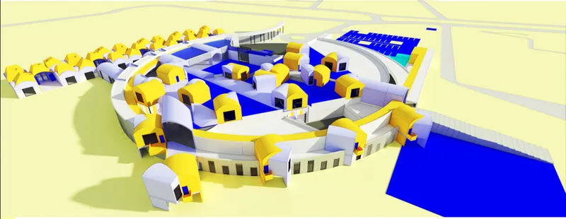 An aerial perspective reveals the layered shelter, hotel, courtyard, and rooftop configuration.