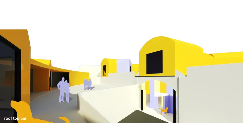 Rooftop cabanas and social spaces extend the shelter experience beyond the ground level.