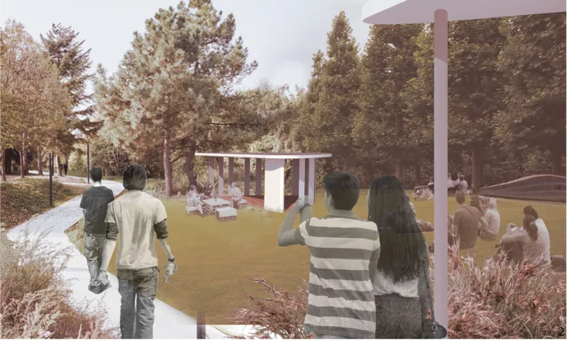 Open green spaces and shaded pavilions create informal gathering areas for artists, visitors, and the local community
