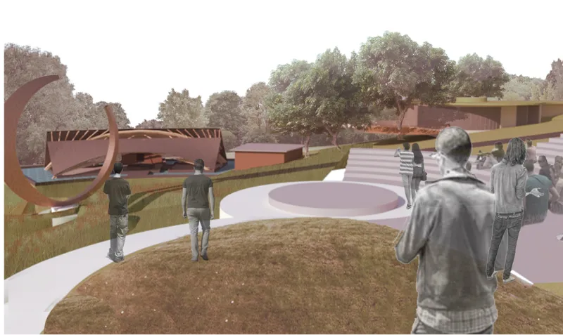 Terraced seating and landscaped pathways form a communal setting for music, performances, and cultural interaction