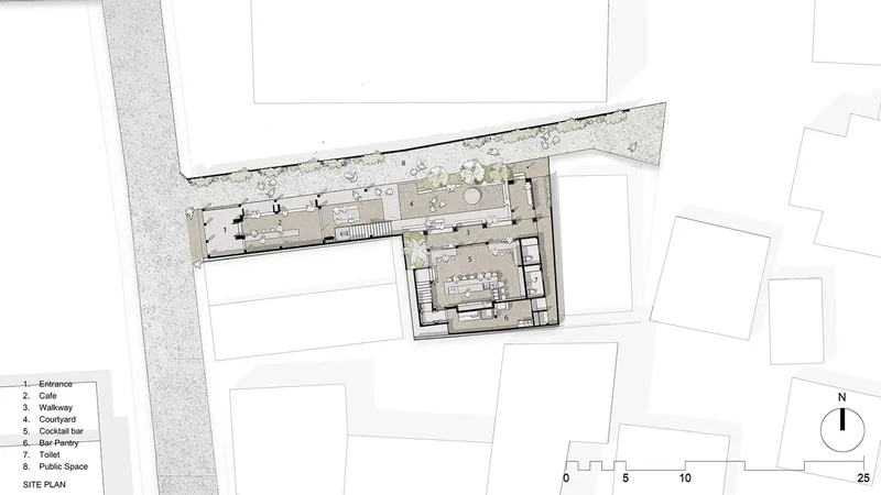Site plan drawing showing two L-shaped volumes with entrance, cafe, courtyard and cocktail bar areas