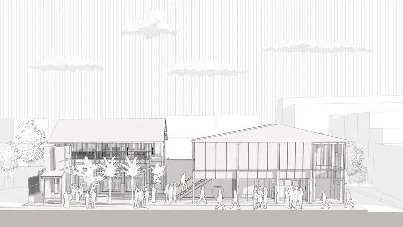 Elevation drawing depicting street-facing facades with vertical slatting and pedestrians gathering at entrances