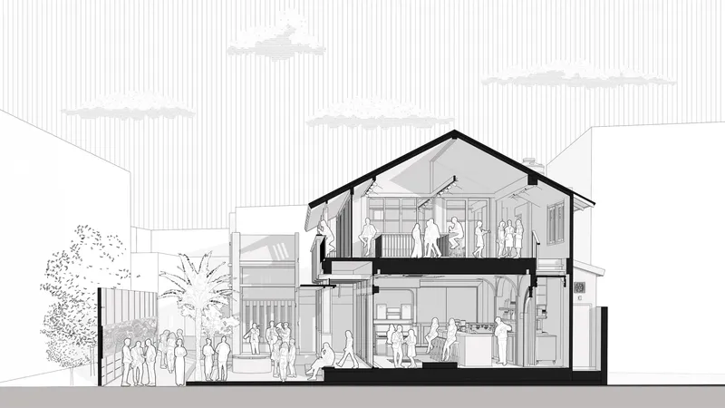 Section drawing showing two-story gabled structure with interior spaces and figures on both levels