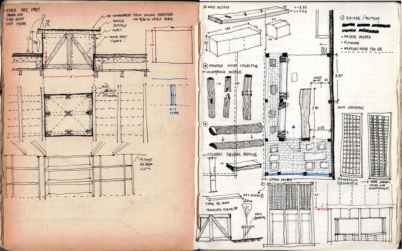 Sketchbook pages with hand-drawn details of wood joinery, facade profiles and material assembly diagrams