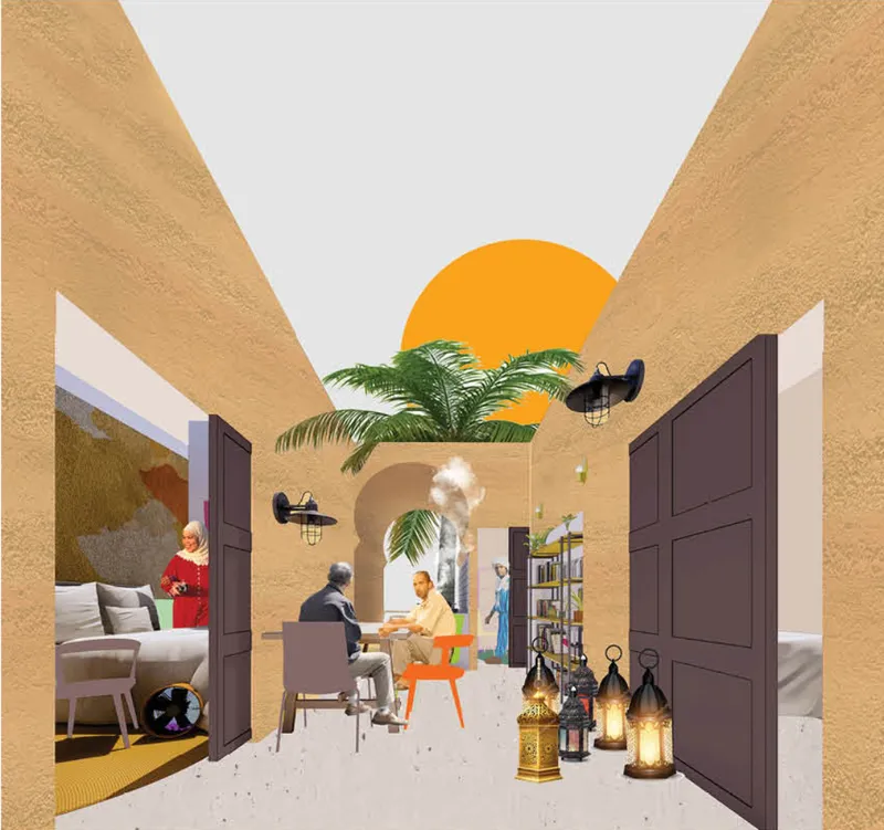 A shaded communal courtyard brings elders and younger residents together through everyday interaction.