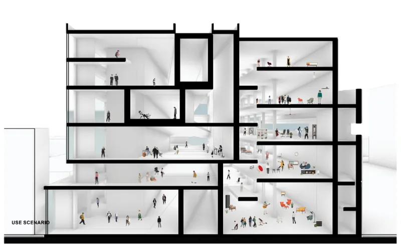 Sectional use scenario showing diverse public, commercial, educational, and storage activities integrated within the adapted parking structure.