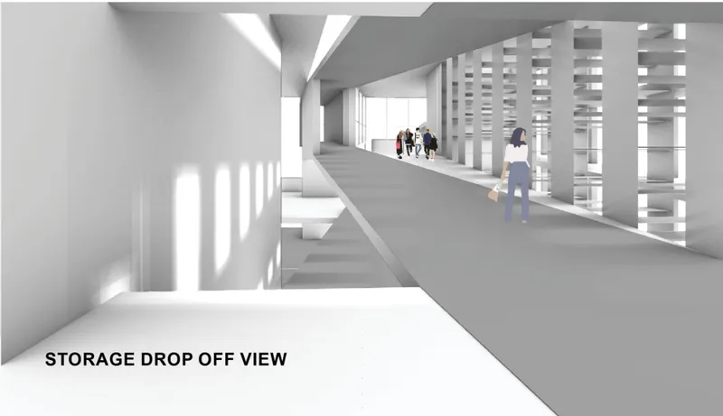 Storage drop-off area uses the existing ramp system to connect logistics movement with pedestrian circulation.