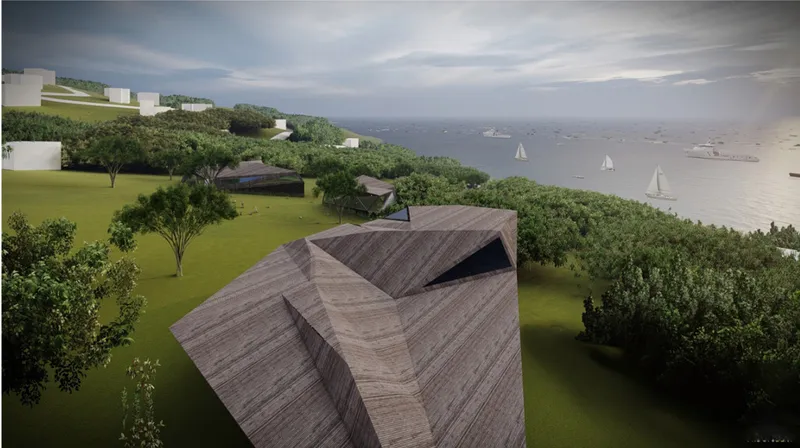Angular timber roofs create a sculptural architectural identity within the natural setting.