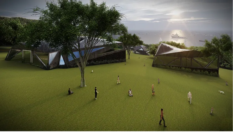 Shared green spaces connect cultural buildings, landscape, and coastal views across the site.