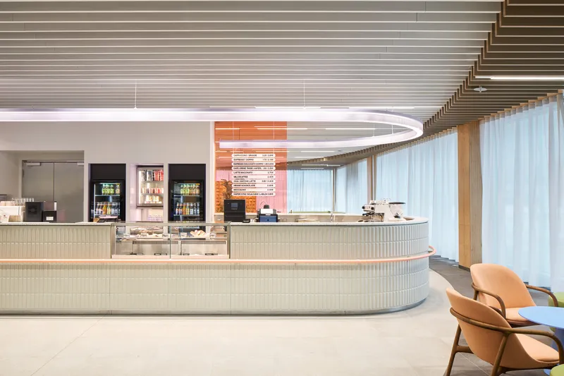 Curved service counter with fluted paneling beneath a ribbed timber ceiling and white curtain wall