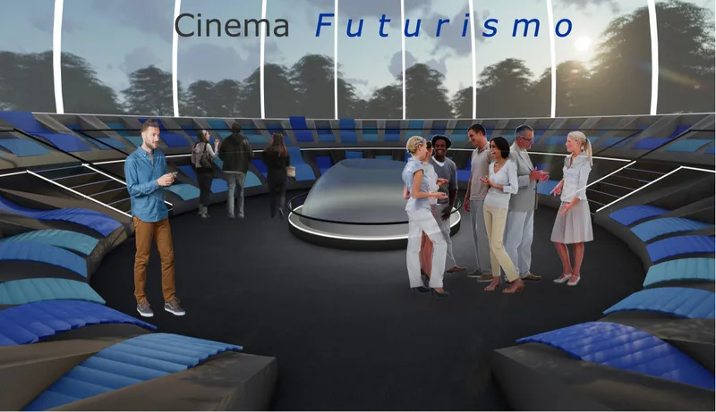 Circular cinema interior with immersive seating arranged around a central holographic projection platform.