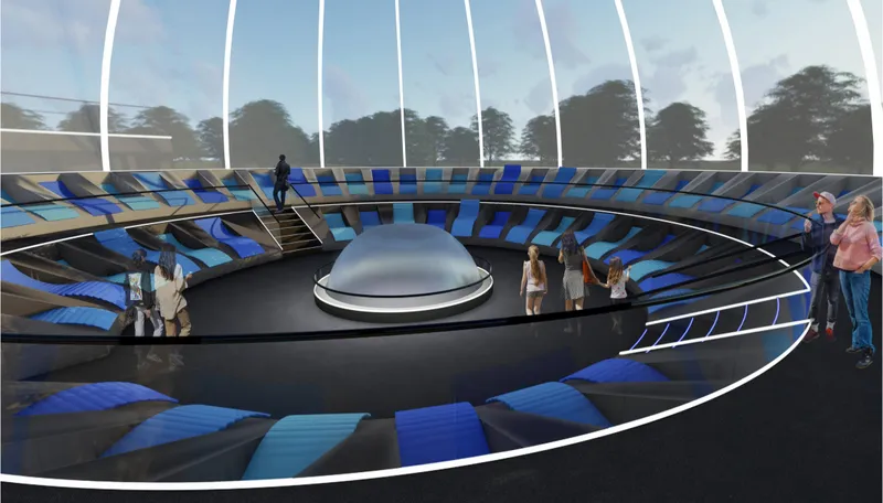 Concentric seating creates an intimate viewing environment focused on the cinema’s central projection zone.