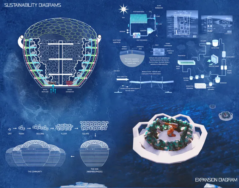 Sustainability diagrams show wave energy, algae systems, water recycling, vertical farming, and modular expansion.