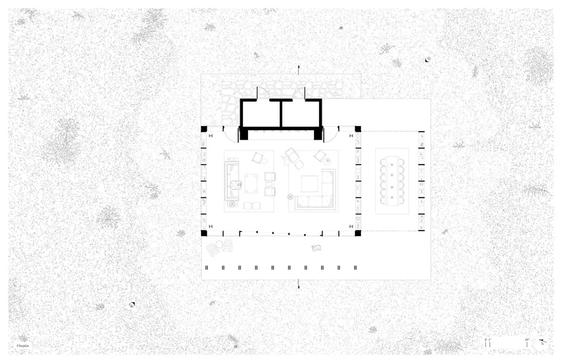 Floor plan drawing showing a rectangular volume with perimeter columns and central living and display spaces