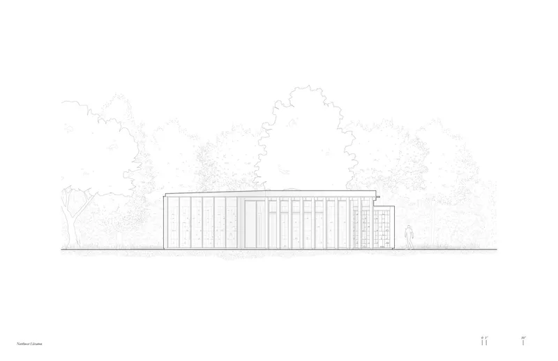Elevation drawing of a rectangular structure with vertical panel facade surrounded by outlined trees