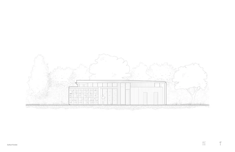 Elevation drawing showing two volumes with brick and vertical panel cladding beneath sketched tree silhouettes