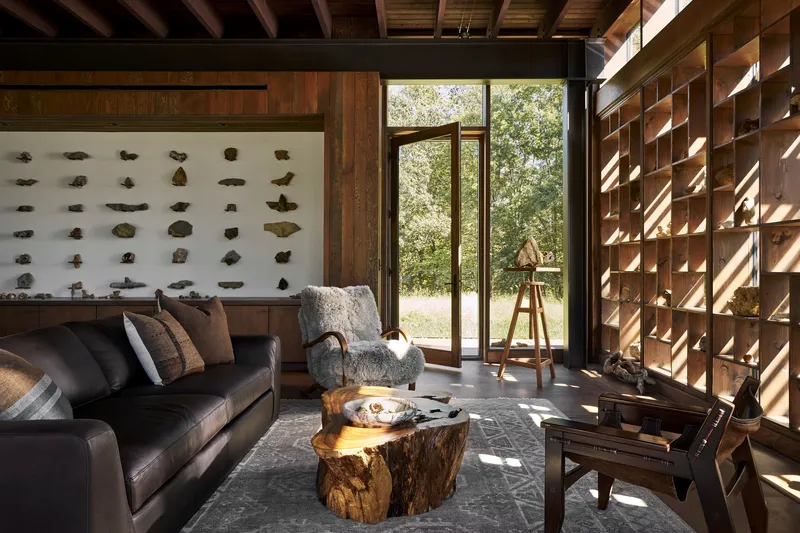 Living room with rock collection wall, timber shelving grid, and sliding glass doors to meadow