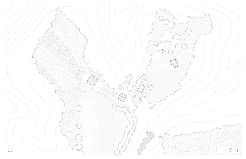Site plan drawing showing the building footprint and scattered structures across contoured terrain with topographic lines